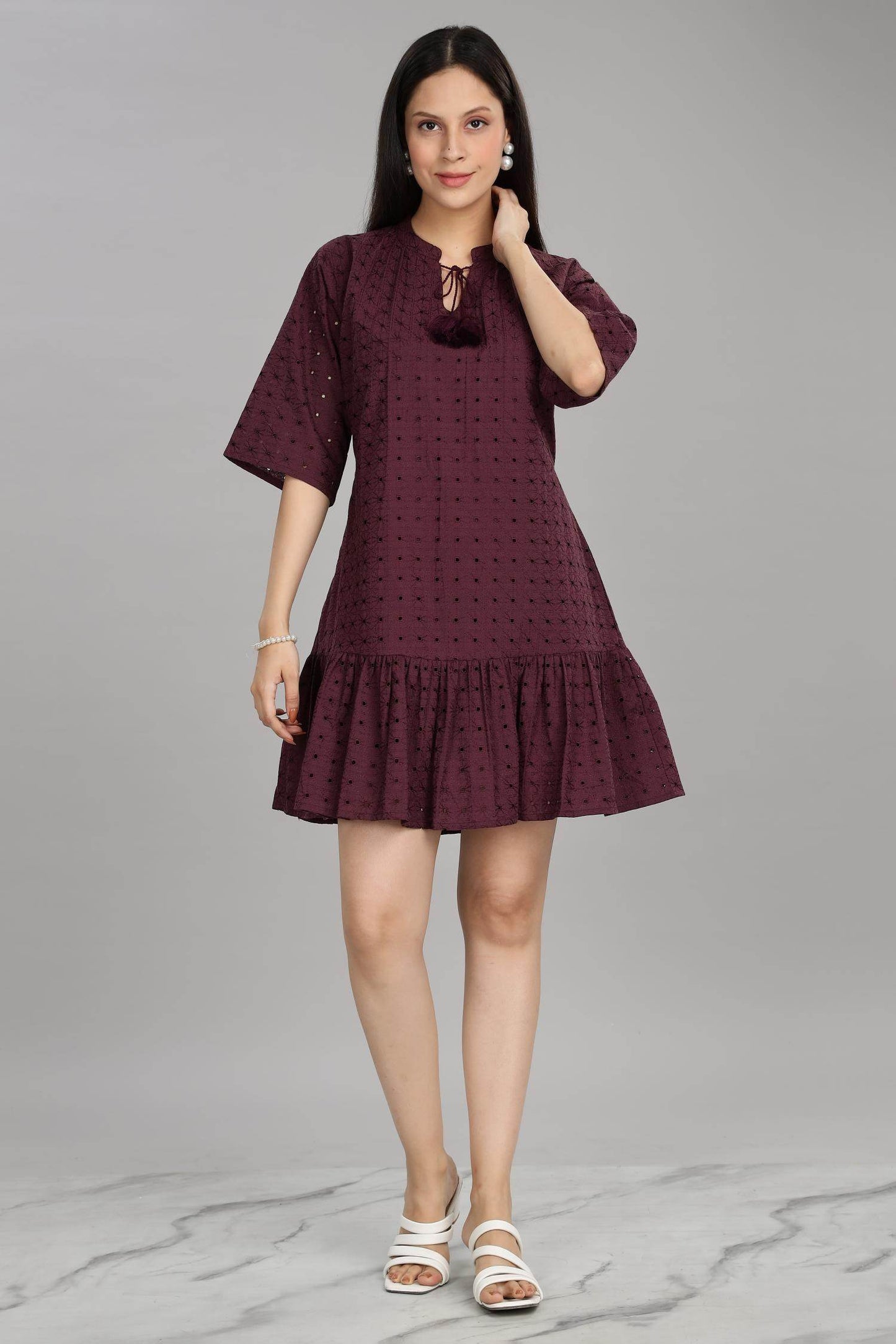 BulBul Women's Wine Cotton Schiffli Short Dress