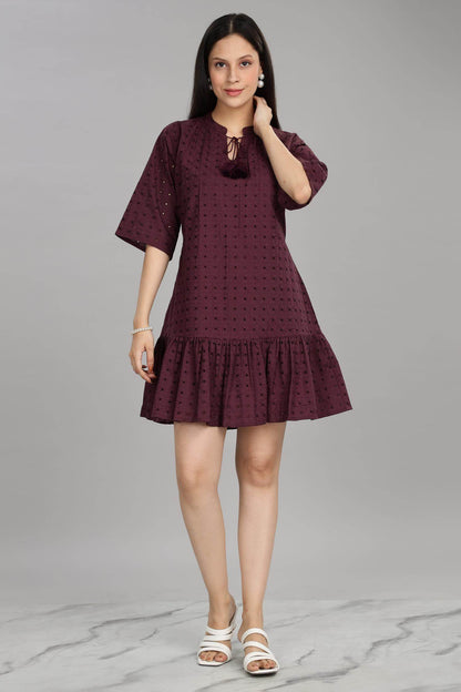 BulBul Women's Wine Cotton Schiffli Short Dress