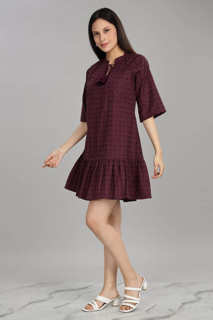 BulBul Women's Wine Cotton Schiffli Short Dress