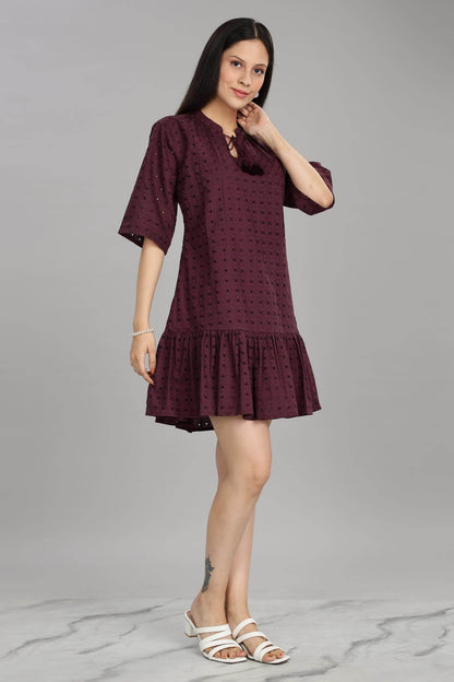 BulBul Women's Wine Cotton Schiffli Short Dress