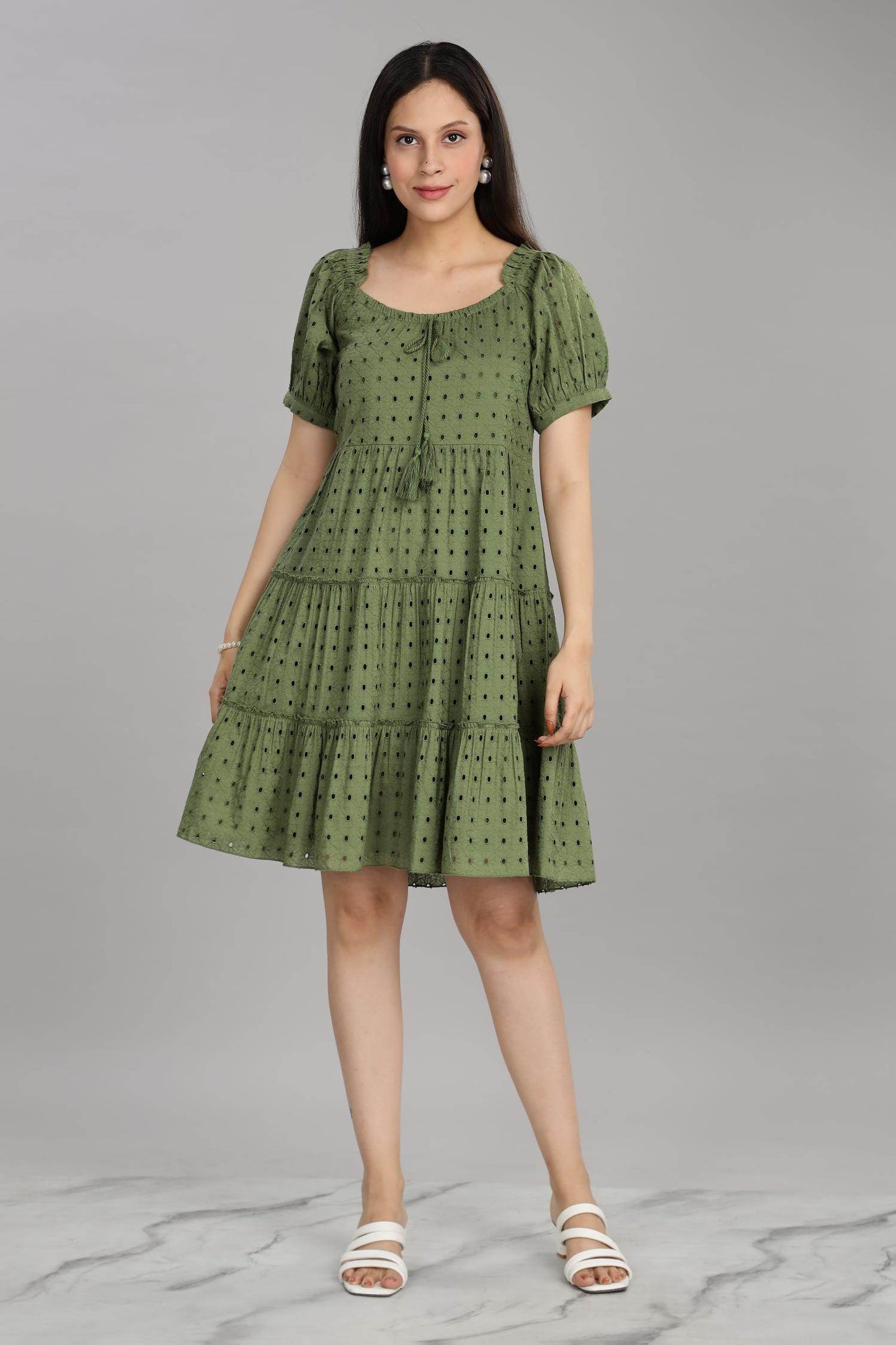 BulBul Women Green Cotton Schiffli Short Dress | Elegant Summer Wear