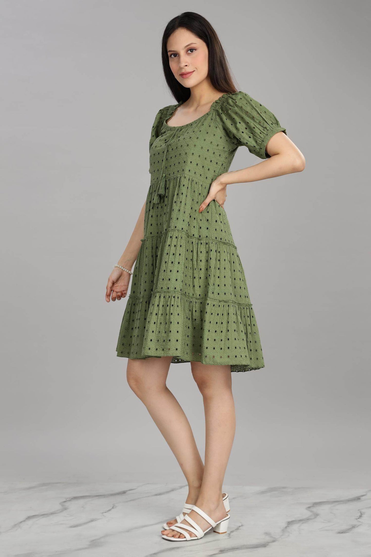 BulBul Women Green Cotton Schiffli Short Dress | Elegant Summer Wear