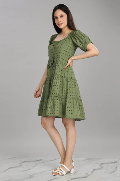 BulBul Women Green Cotton Schiffli Short Dress | Elegant Summer Wear