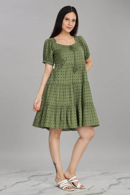 BulBul Women Green Cotton Schiffli Short Dress | Elegant Summer Wear
