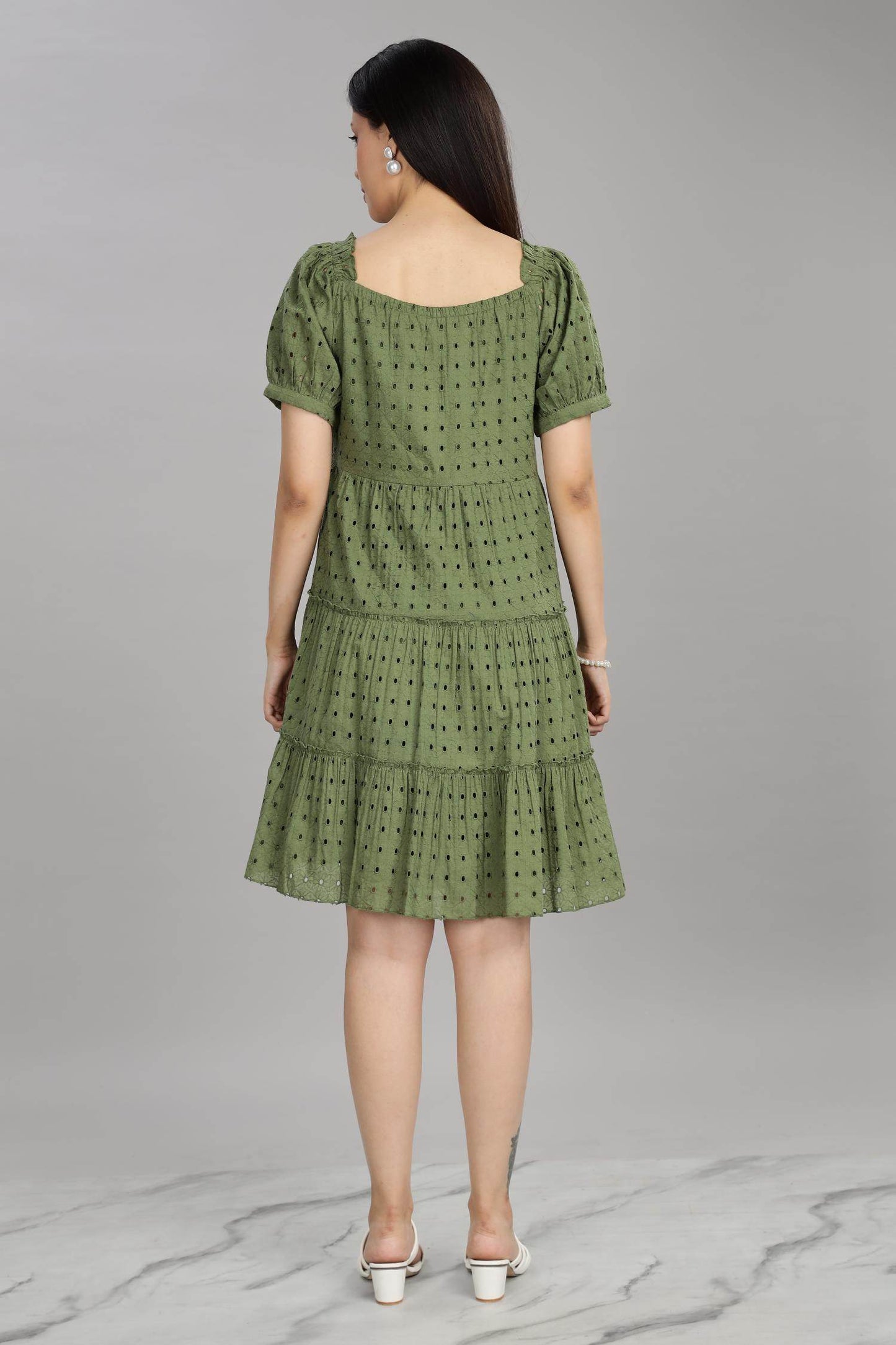 BulBul Women Green Cotton Schiffli Short Dress | Elegant Summer Wear
