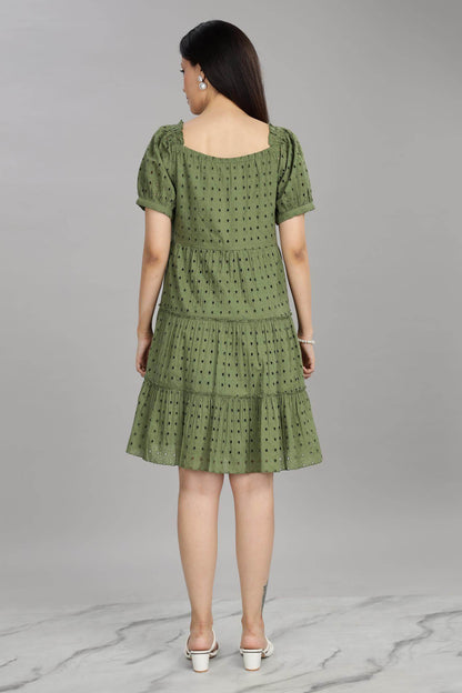 BulBul Women Green Cotton Schiffli Short Dress | Elegant Summer Wear
