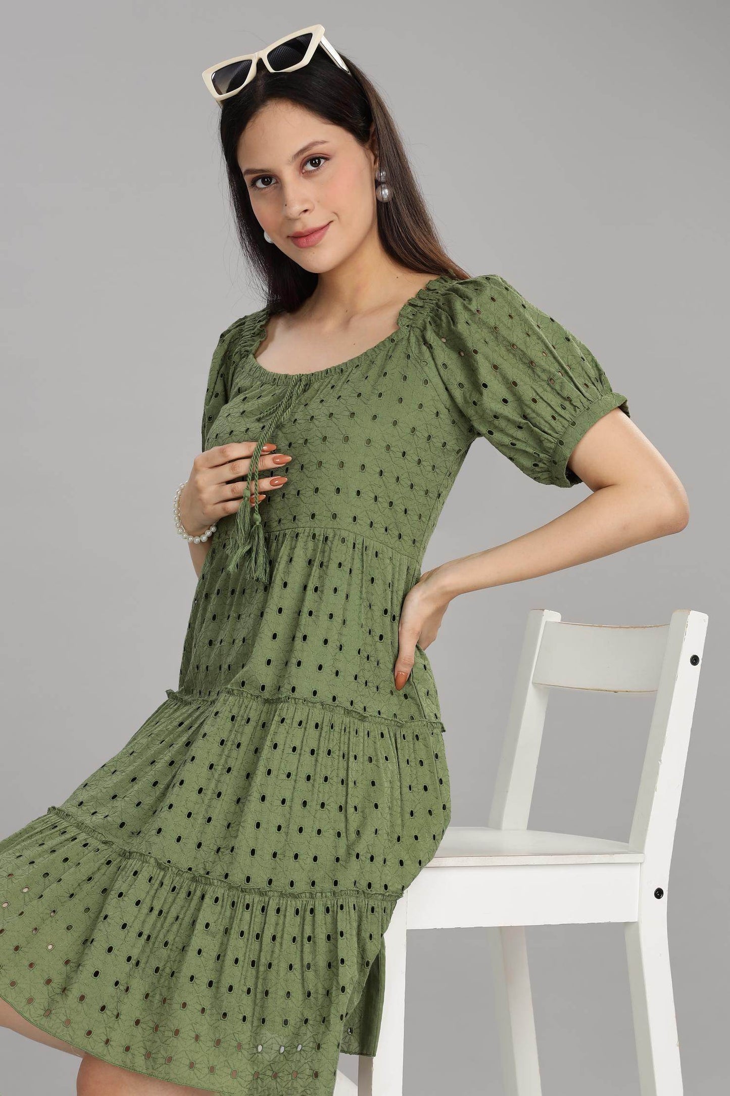 BulBul Women Green Cotton Schiffli Short Dress | Elegant Summer Wear