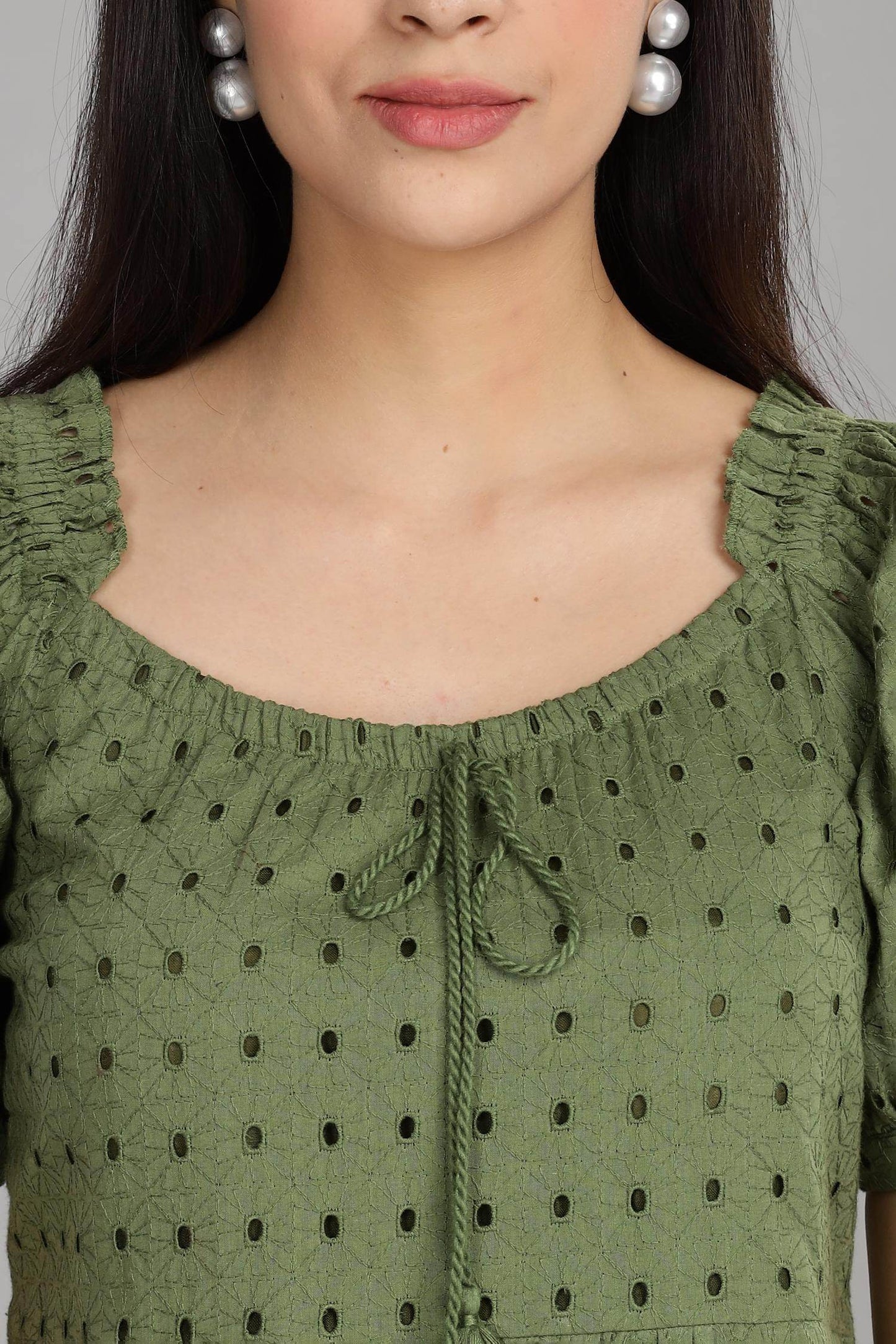 BulBul Women Green Cotton Schiffli Short Dress | Elegant Summer Wear