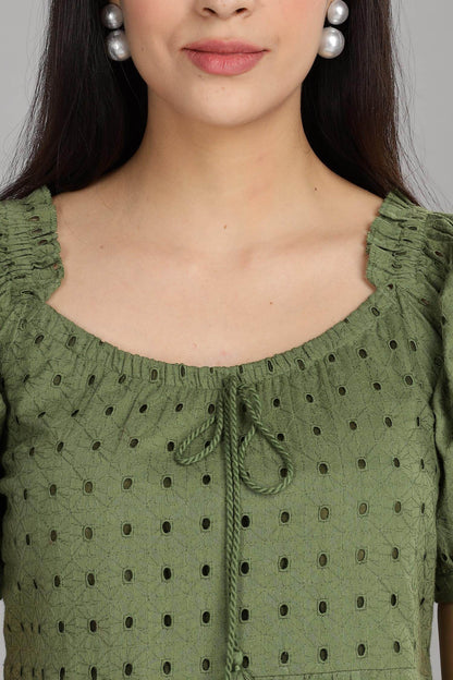 BulBul Women Green Cotton Schiffli Short Dress | Elegant Summer Wear