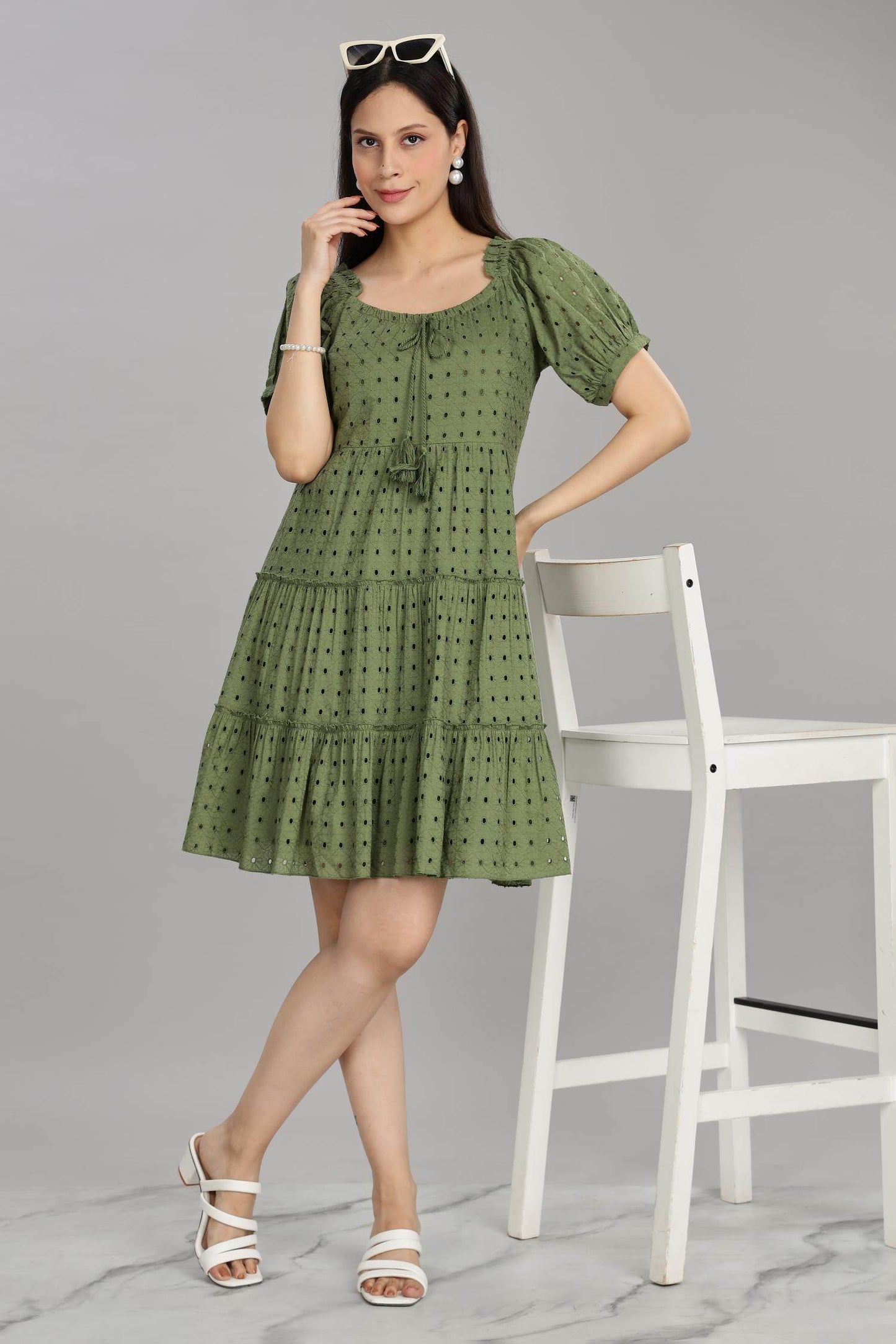 BulBul Women Green Cotton Schiffli Short Dress | Elegant Summer Wear