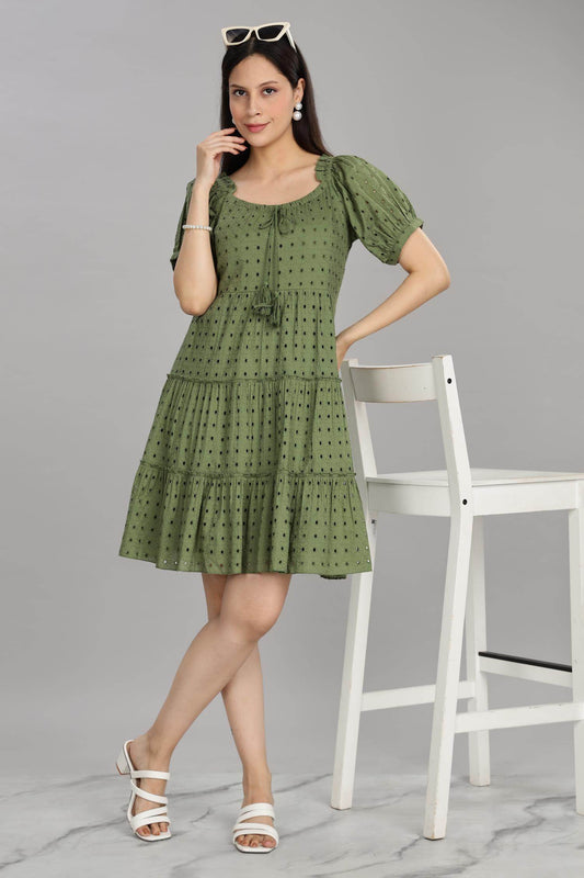 BulBul Women Green Cotton Schiffli Short Dress | Elegant Summer Wear