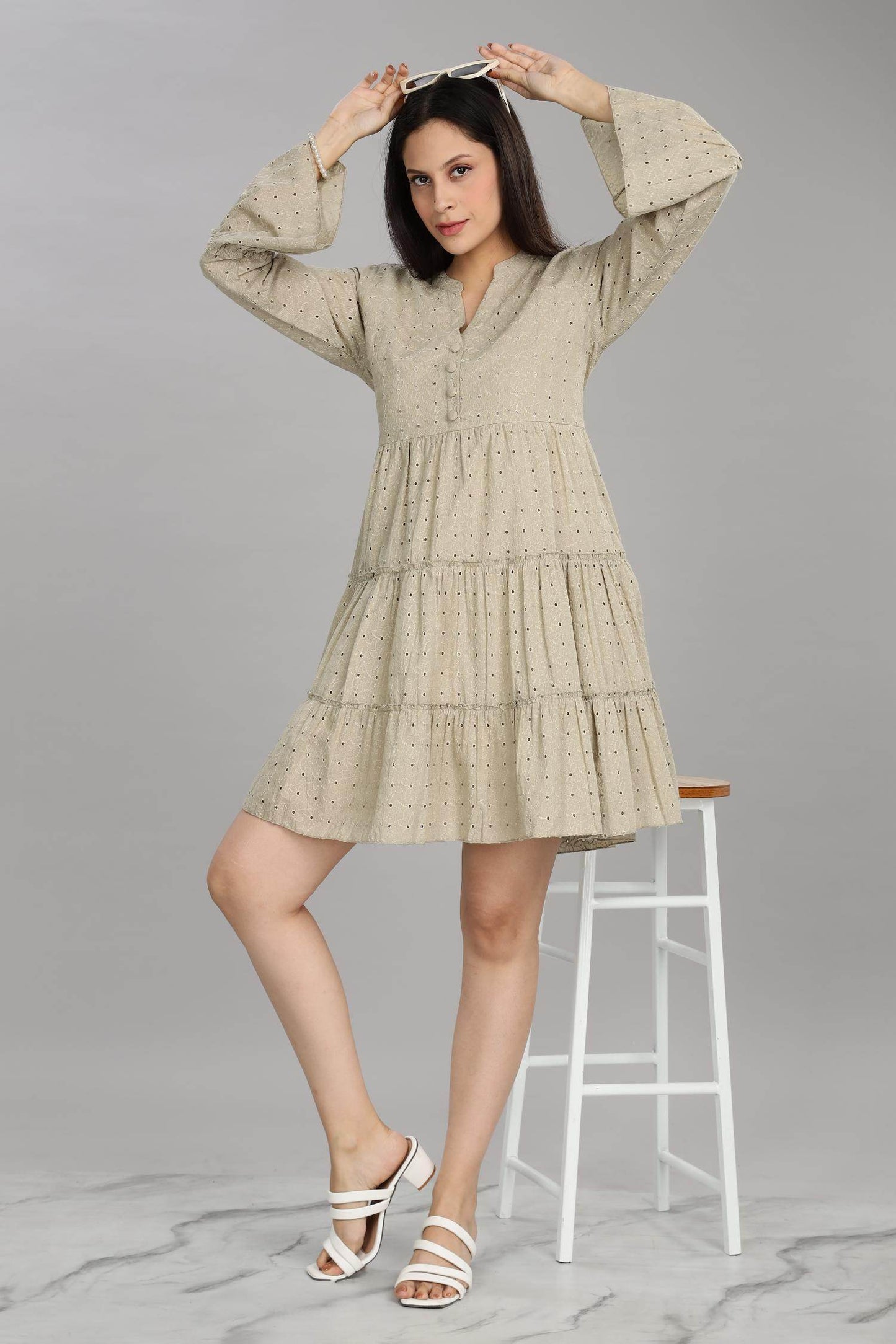 BulBul Women Beige Cotton Schiffli Dress - Button Front Solid