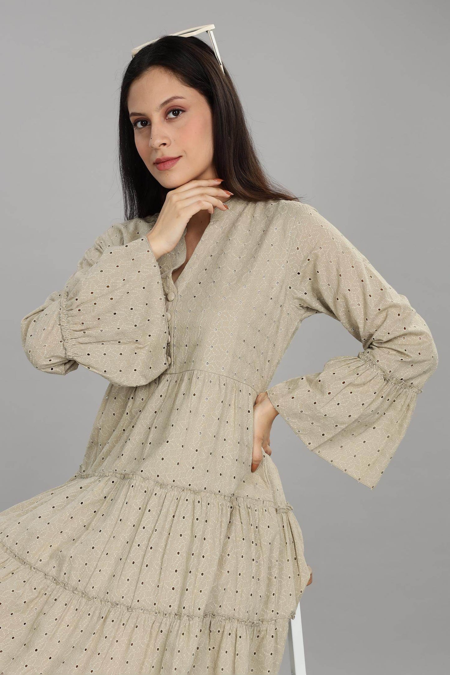 BulBul Women Beige Cotton Schiffli Dress - Button Front Solid