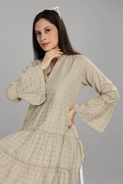 BulBul Women Beige Cotton Schiffli Dress - Button Front Solid