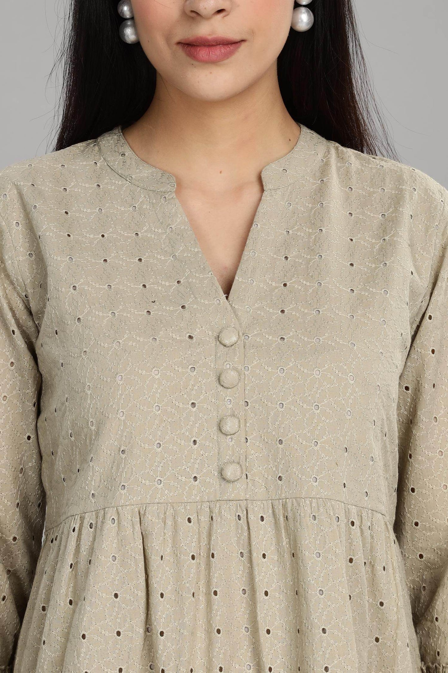 BulBul Women Beige Cotton Schiffli Dress - Button Front Solid