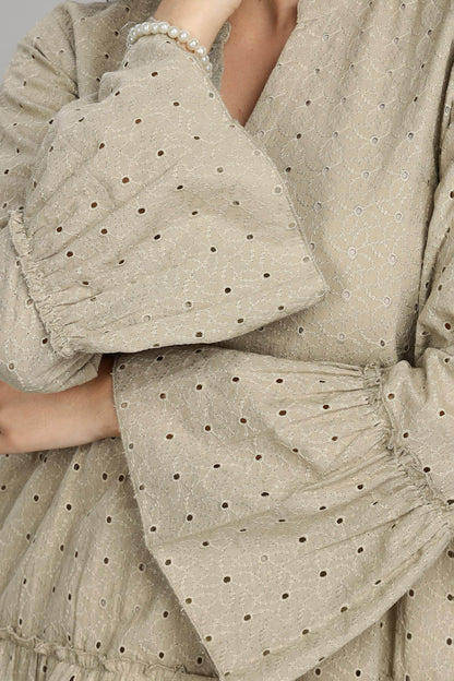 BulBul Women Beige Cotton Schiffli Dress - Button Front Solid