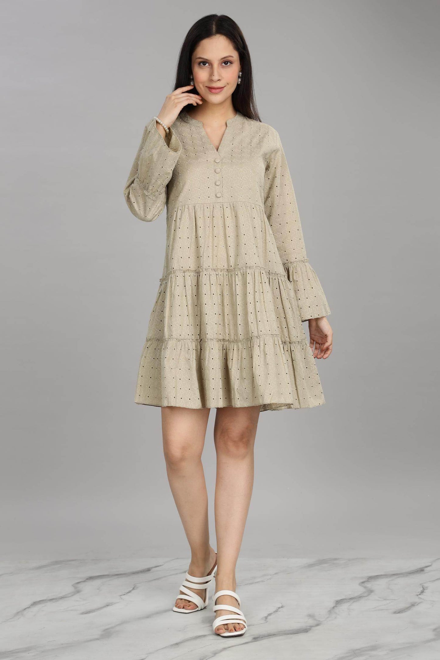 BulBul Women Beige Cotton Schiffli Dress - Button Front Solid