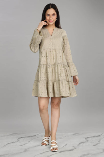 BulBul Women Beige Cotton Schiffli Dress - Button Front Solid