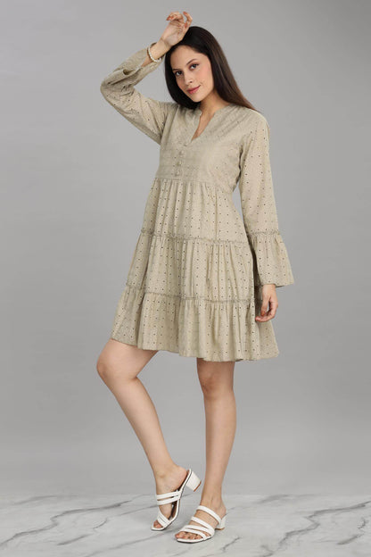 BulBul Women Beige Cotton Schiffli Dress - Button Front Solid
