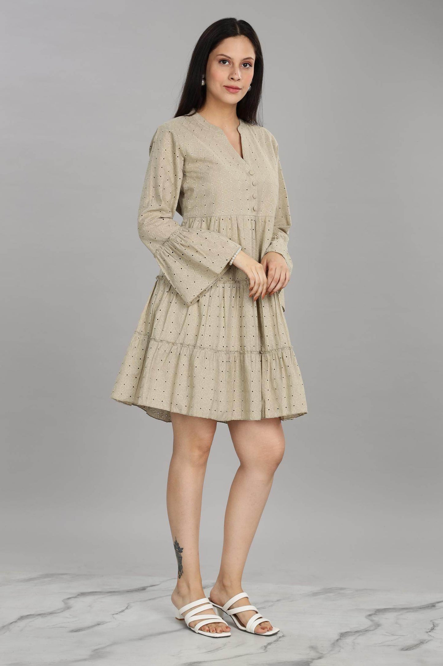 BulBul Women Beige Cotton Schiffli Dress - Button Front Solid