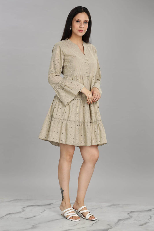 BulBul Women Beige Cotton Schiffli Dress - Button Front Solid