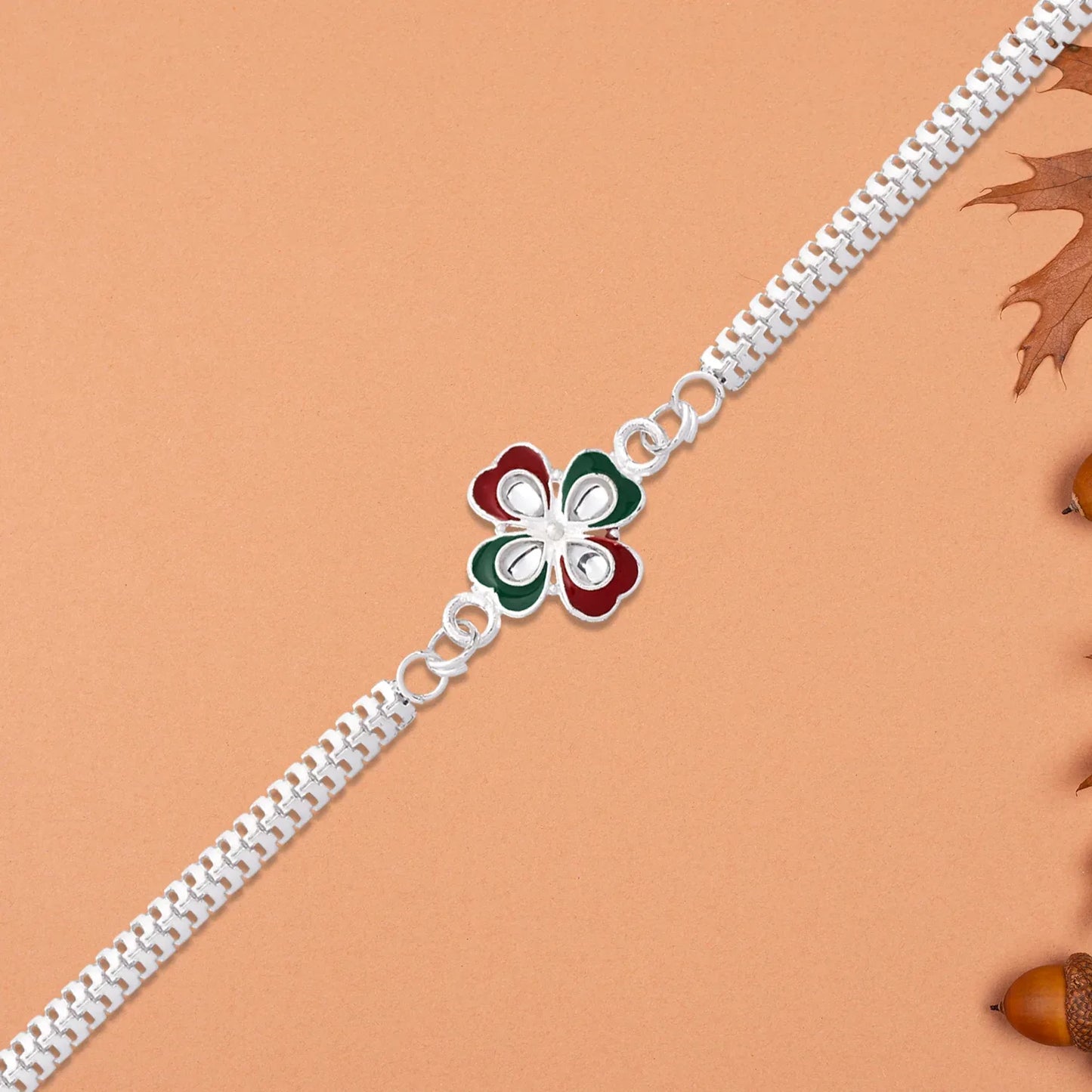 Designer Flower Rakhi With Mirror Stone Center And Dual-link Metal Chain - warehousetech13