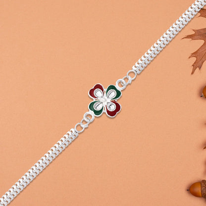 Designer Flower Rakhi With Mirror Stone Center And Dual-link Metal Chain - warehousetech13