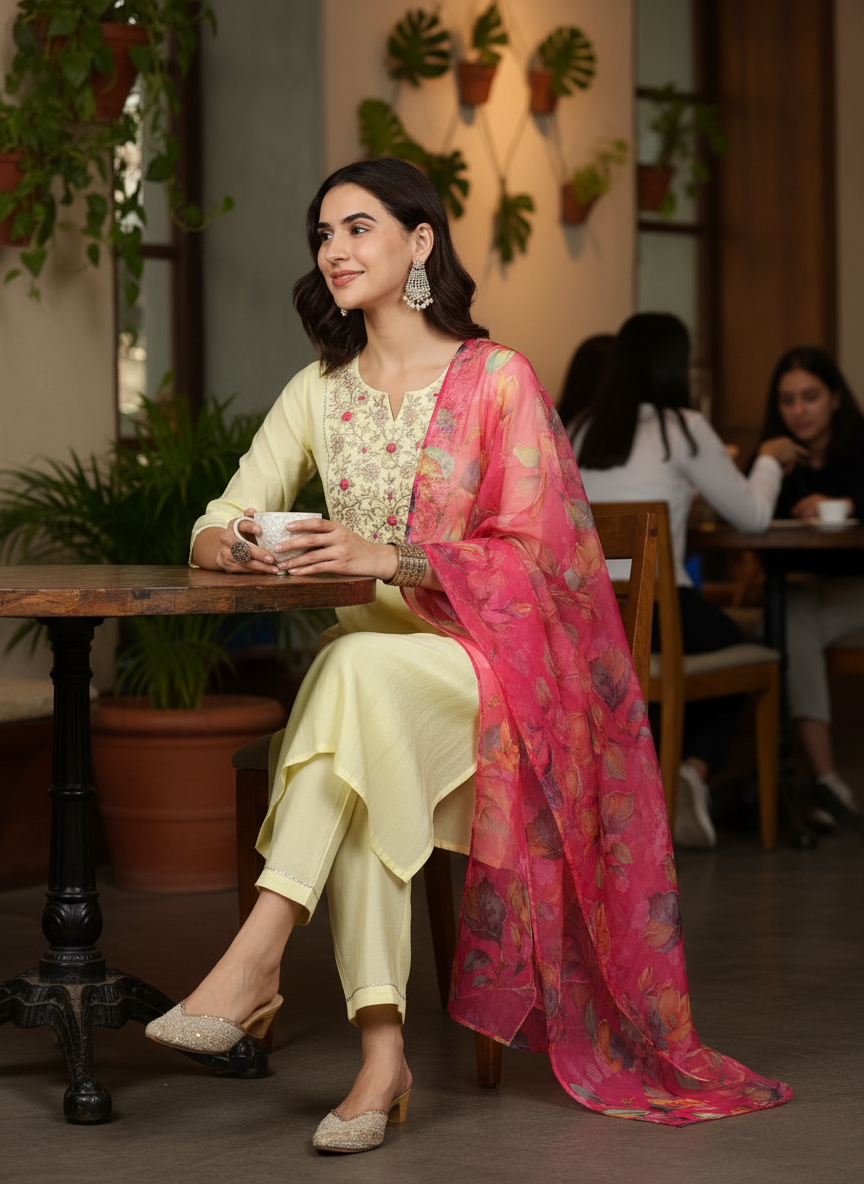 Butter Yellow Chanderi Silk Kurta Set with Resham Zari Floral Embroidery