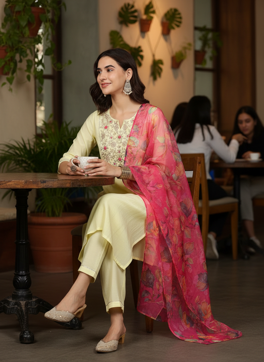Butter Yellow Chanderi Silk Kurta Set with Resham Zari Floral Embroidery