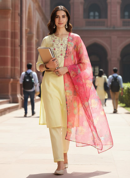 Butter Yellow Chanderi Silk Kurta Set with Resham Zari Floral Embroidery