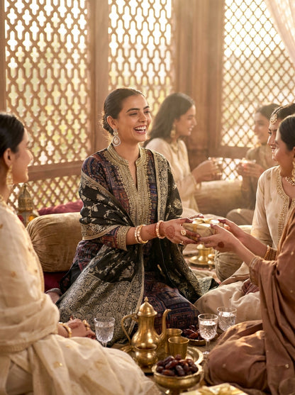 Rashmi Black Thread & Sequins Embellished Chanderi Silk Suit Set with Jacquard Dupatta