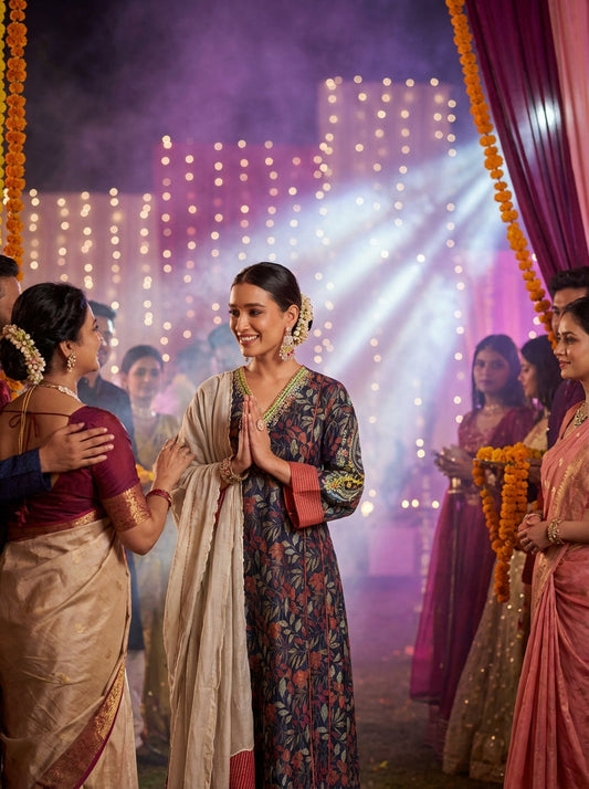 Rashmi Navy Multi-Color Embroidered Chanderi Silk Suit Set with Zari & Sequins