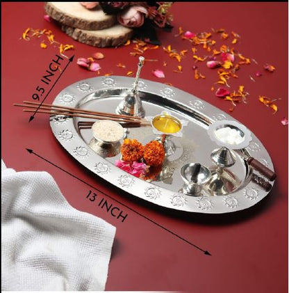 Divyaneel Swastik Theme Brass Pooja Thali – Silver Plated | Handcrafted Ritual Plate with 4 Incense Holders & Sacred Bell | Traditional Indian Puja Set.Sacred Swastik Design - warehousetech13
