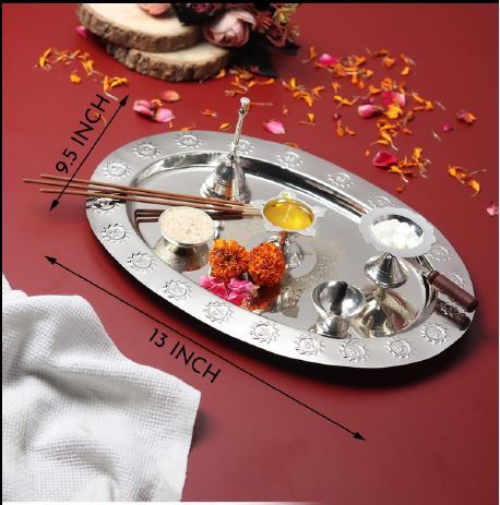 Divyaneel Swastik Theme Brass Pooja Thali – Silver Plated | Handcrafted Ritual Plate with 4 Incense Holders & Sacred Bell | Traditional Indian Puja Set.Sacred Swastik Design - warehousetech13