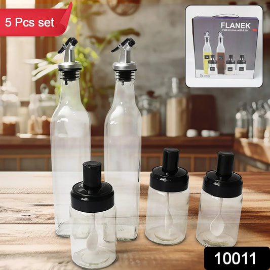10011 Transparent Glassoil Dispenser 500 Ml Bottle Set Of 2 Spice Jar 250 Ml Set Of 3 Oil Bottle For Kitchen Oil Vinegar Storage Glass Bottle Glass Container For Spice Masala (5 Pcs Set) - warehousetech13