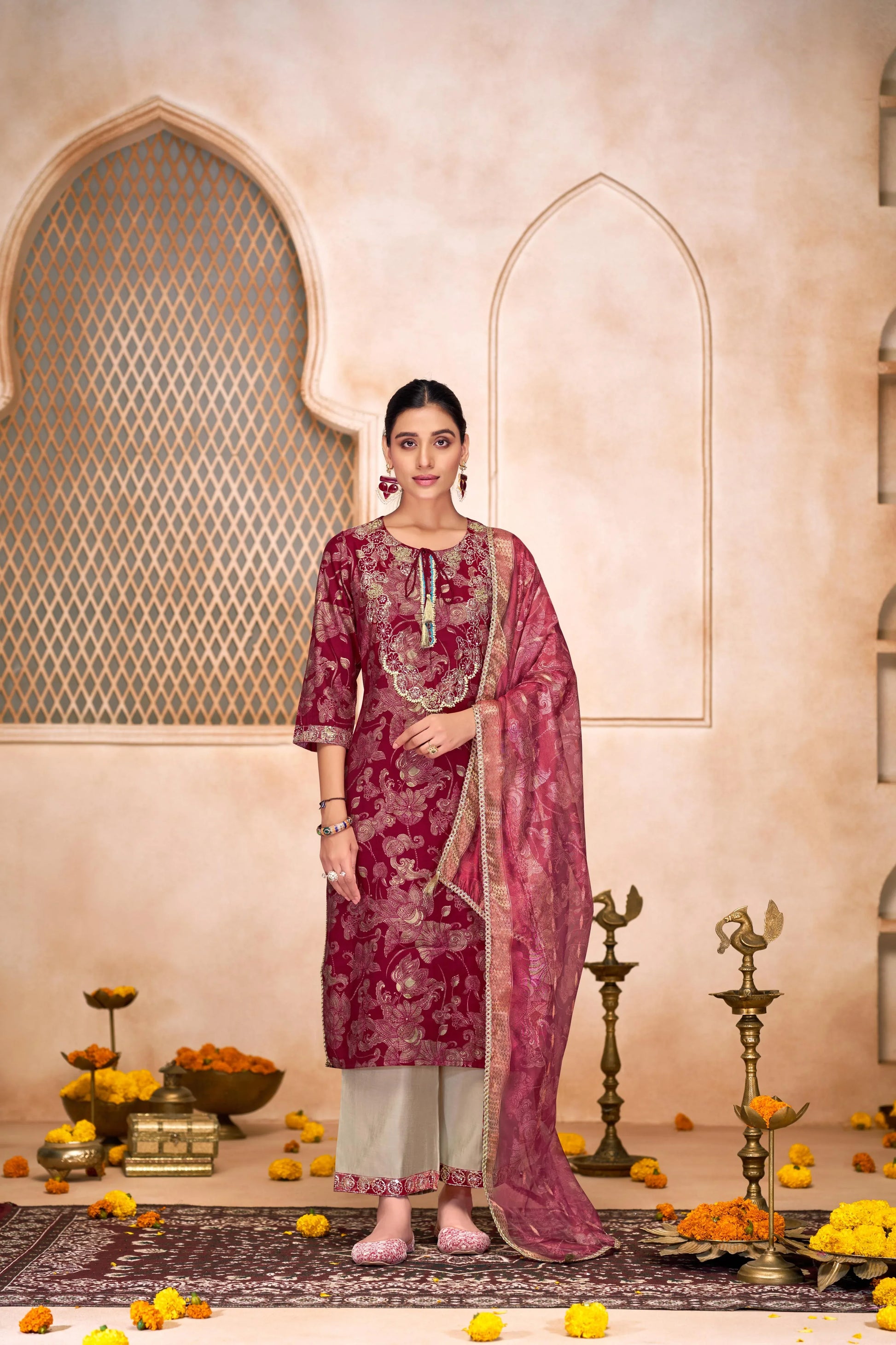 Shehnaaz Maroon & Rama Handwork Kurta Set with Dupatta | Elegant Festive Wear for Women - warehousetech13