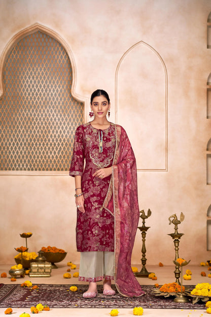Shehnaaz Maroon & Rama Handwork Kurta Set with Dupatta | Elegant Festive Wear for Women - warehousetech13
