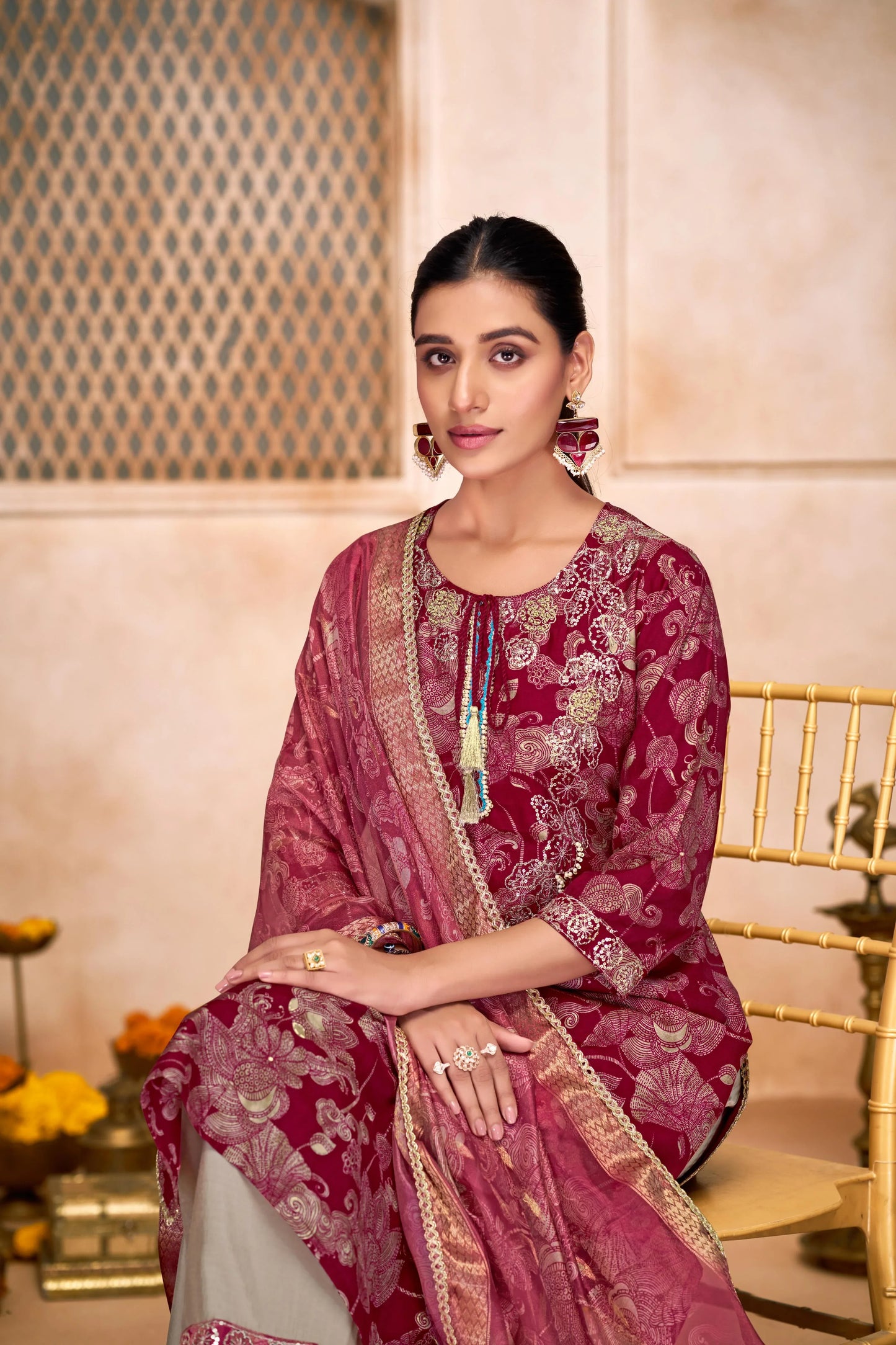 Shehnaaz Maroon & Rama Handwork Kurta Set with Dupatta | Elegant Festive Wear for Women - warehousetech13