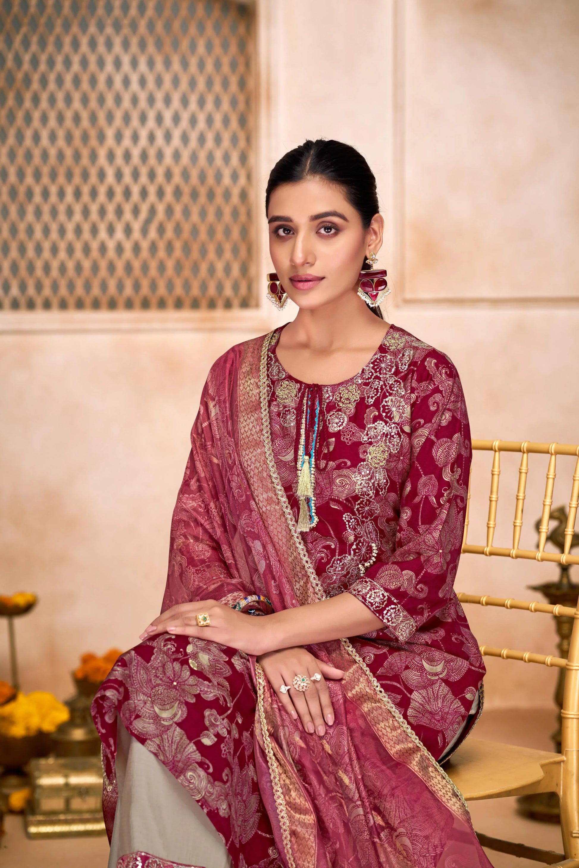 Shehnaaz Maroon & Rama Handwork Kurta Set with Dupatta | Elegant Festive Wear for Women - warehousetech13