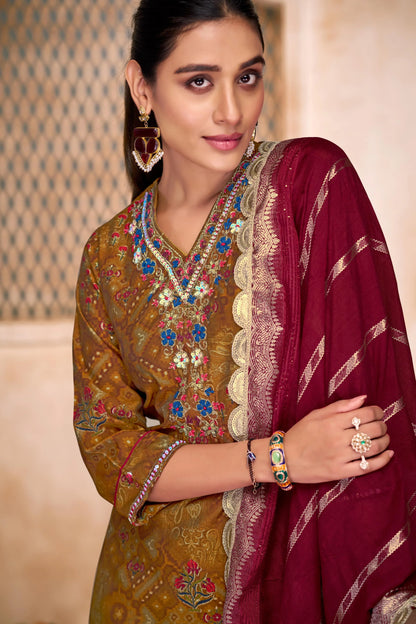 Shehnaaz Navy & Brown Printed Kurta Set with Dupatta for Women - warehousetech13