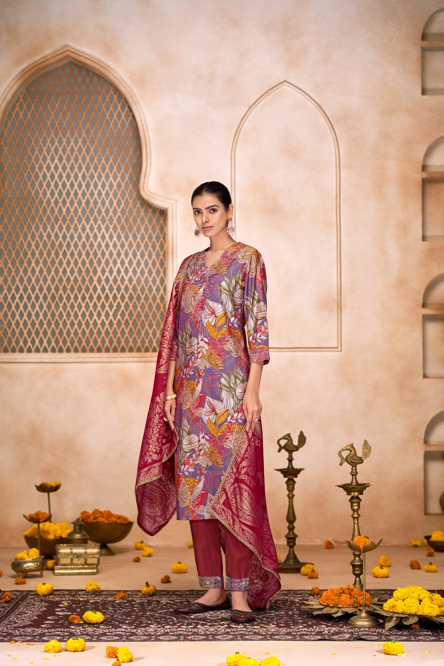 Shehnaaz Brown & Purple Floral Leaf Printed Cotton Kurta Set with Dupatta for Women | Festive & Casual Ethnic Wear