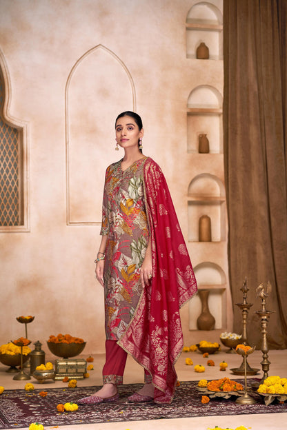 Shehnaaz Brown & Purple Floral Leaf Printed Cotton Kurta Set with Dupatta for Women | Festive & Casual Ethnic Wear