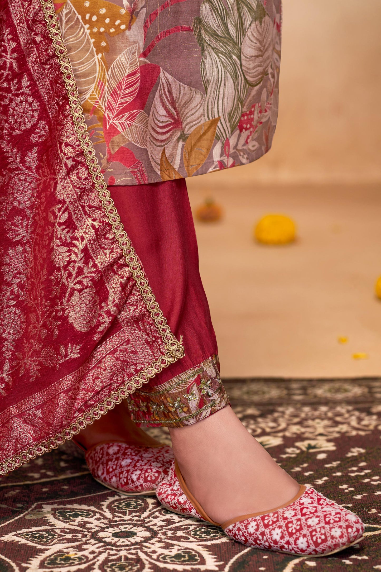 Shehnaaz Brown & Purple Floral Leaf Printed Cotton Kurta Set with Dupatta for Women | Festive & Casual Ethnic Wear