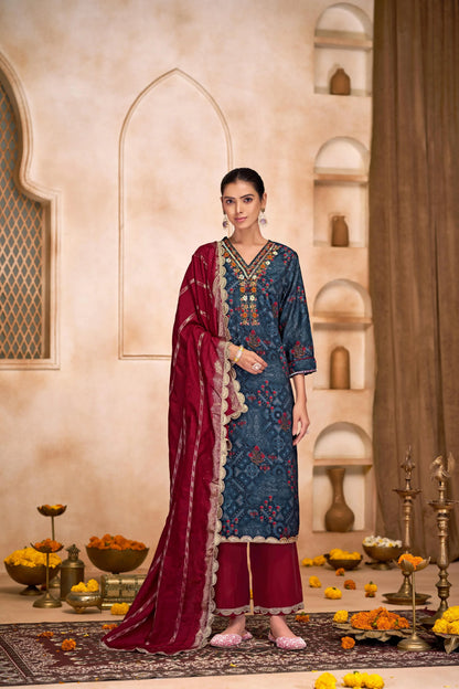Shehnaaz Navy & Brown Printed Kurta Set with Dupatta for Women - warehousetech13