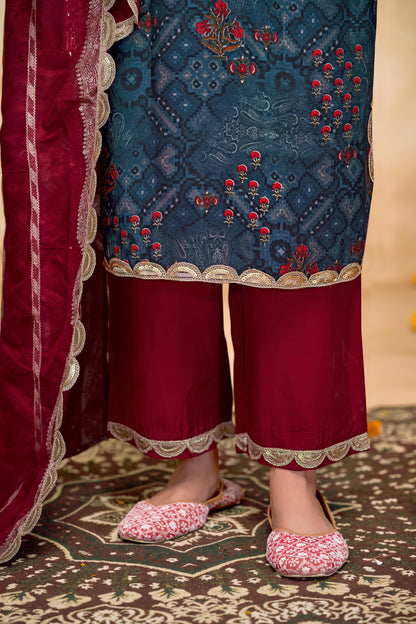 Shehnaaz Navy & Brown Printed Kurta Set with Dupatta for Women - warehousetech13