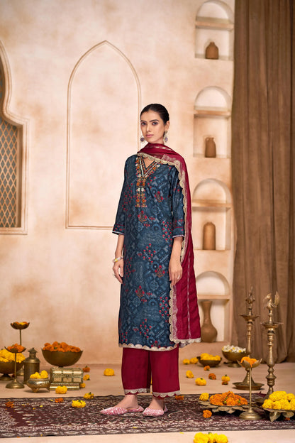 Shehnaaz Navy & Brown Printed Kurta Set with Dupatta for Women - warehousetech13