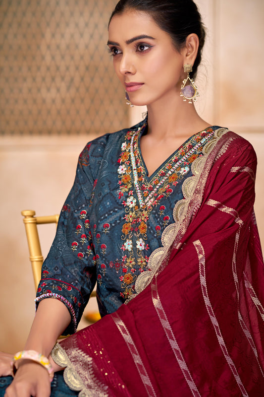 Shehnaaz Navy & Brown Printed Kurta Set with Dupatta for Women