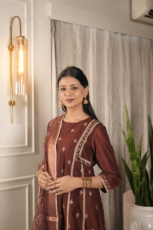 Kayra Maroon Sequins A-Line Suit Set with Lace Borders - Chinnon Silk