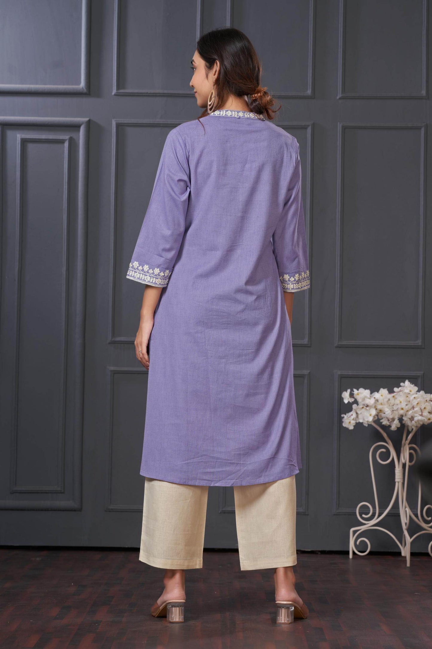 BulBul Hazel Purple & Blue Embellished Solid Cotton Kurta Set for Women – Stylish Comfortable Ethnic Wear