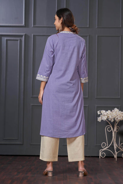 BulBul Hazel Purple & Blue Embellished Solid Cotton Kurta Set for Women – Stylish Comfortable Ethnic Wear